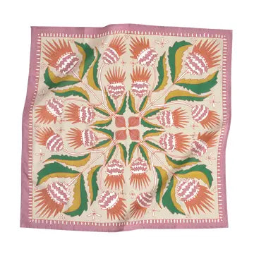 multicolored repeating floral pattern bandana print with pinks oranges and greens