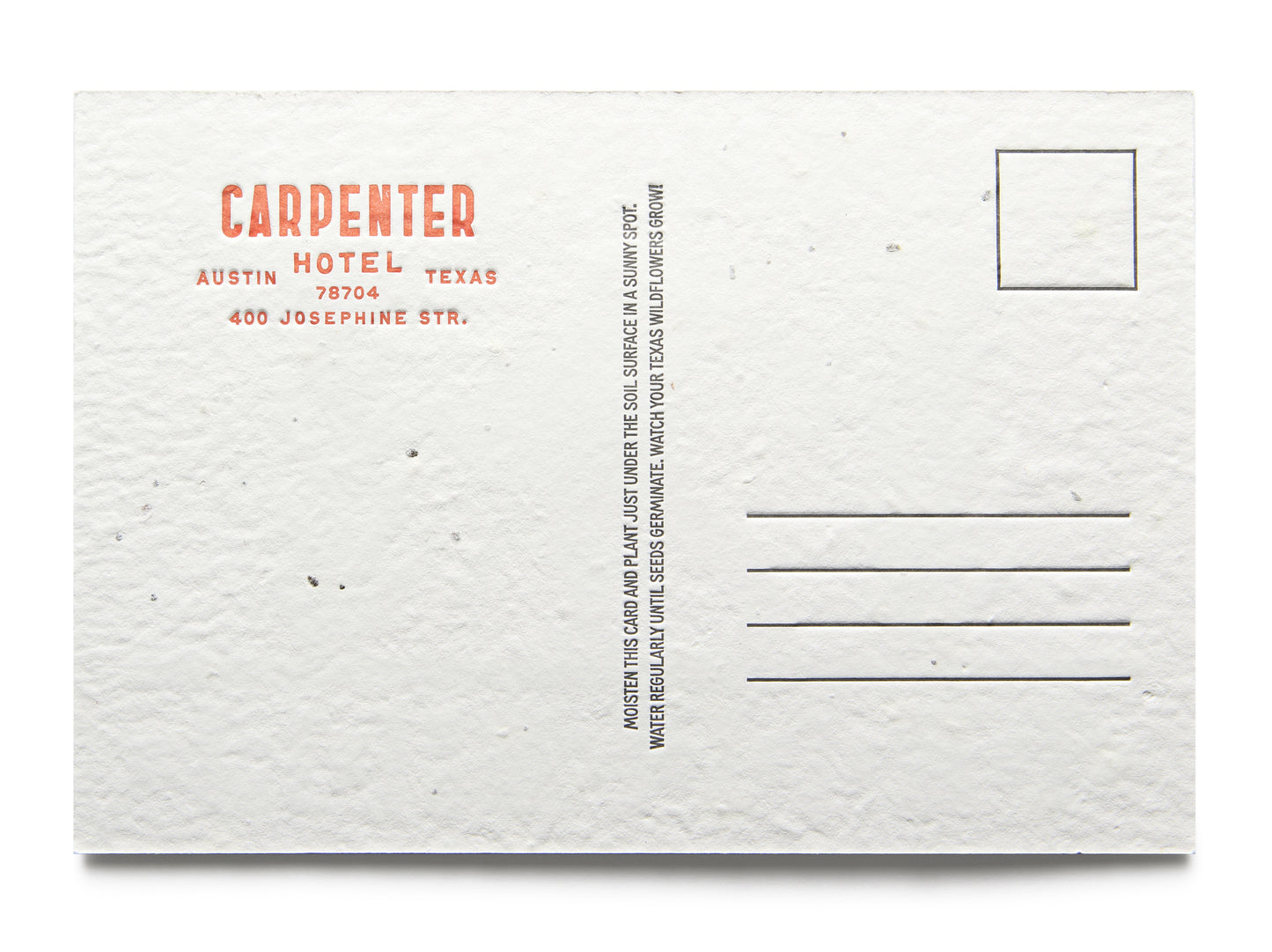 Postcard with 'Carpenter Hotel Austin Texas 400 Josephine Str. 78704' text on a textured white background