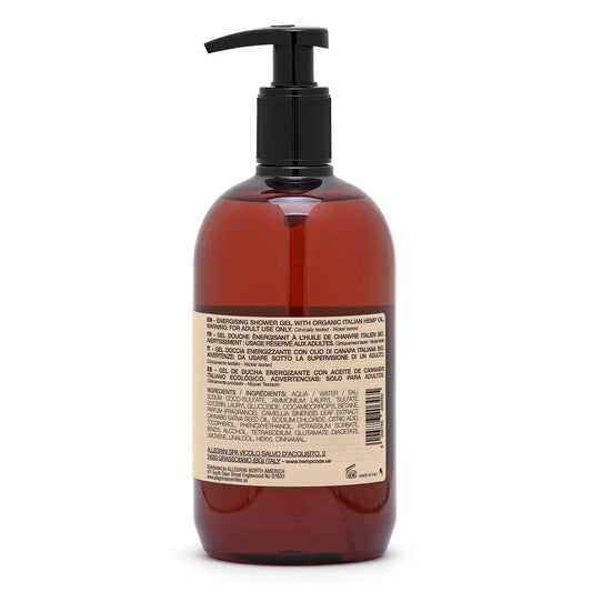 Backside of hemp code's hand wash pump bottle with care information on the label