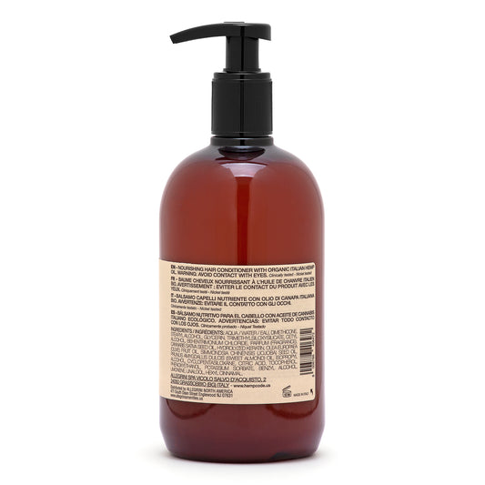 Backside of hemp code's conditioner pump bottle with care information on the label