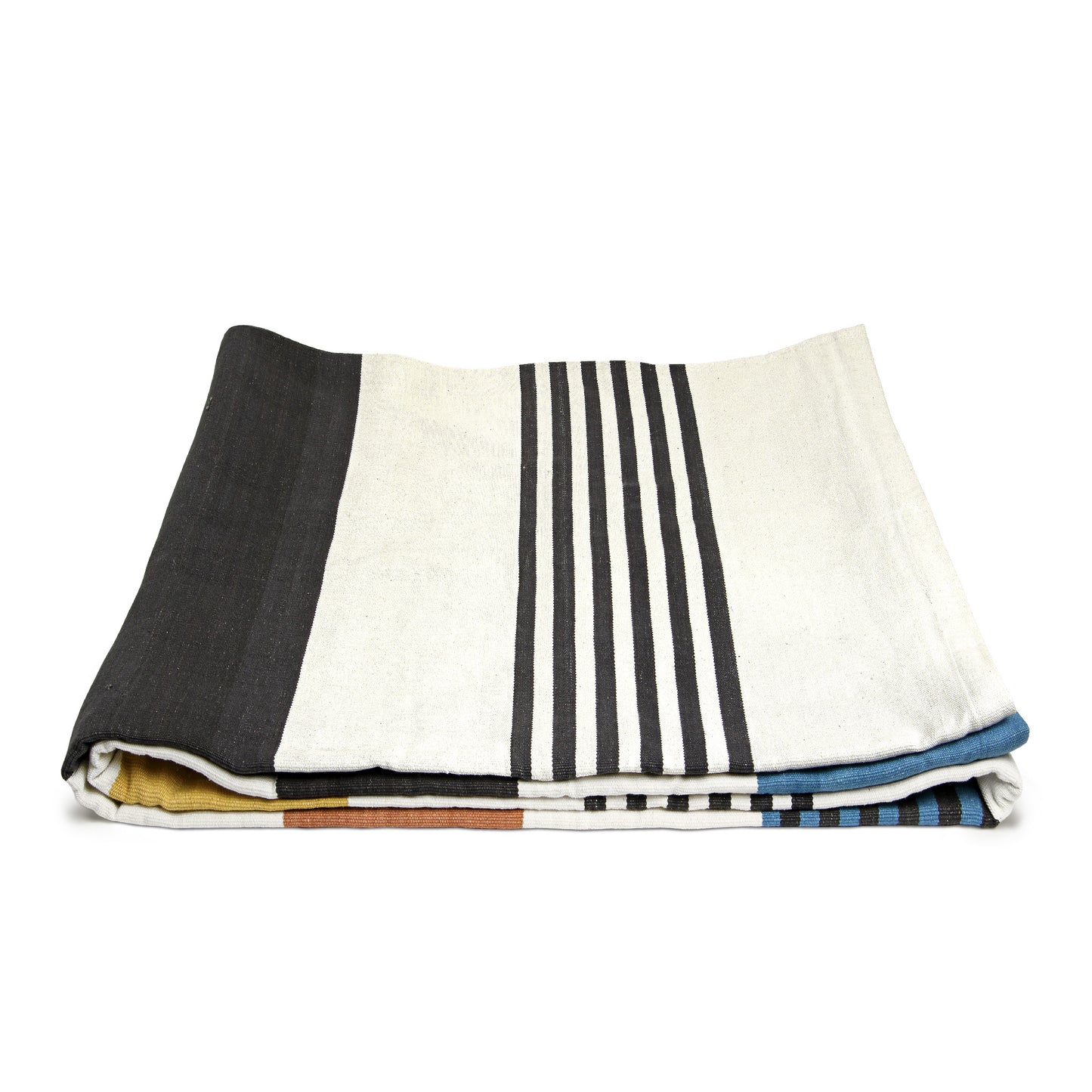 A folded striped cotton blanket in various colors including blue, beige, black, and white.