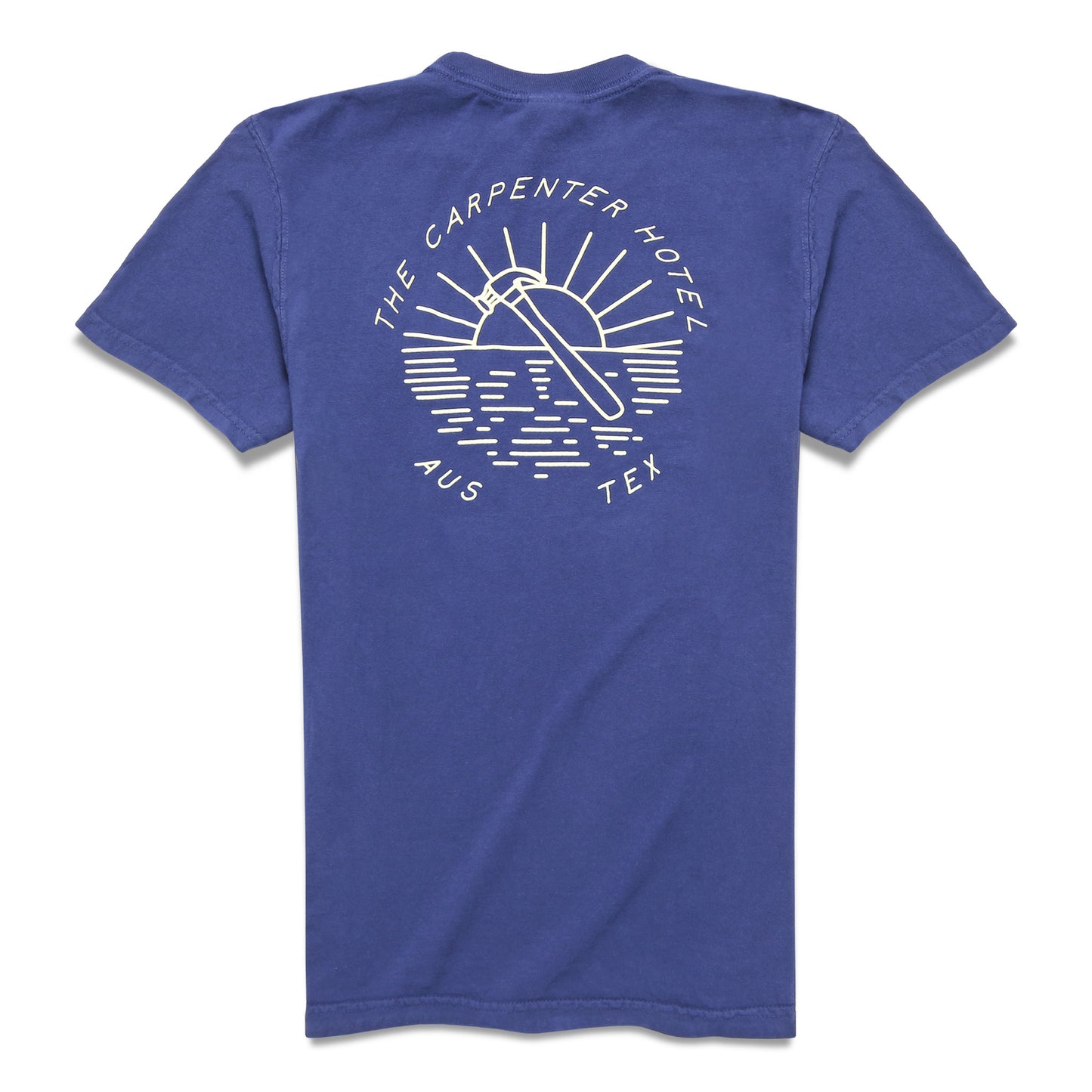Product photo of back of navy blue tshirt with 'THE CARPENTER HOTEL AUS TEX' with drawing of hammer and sunset in the center.
