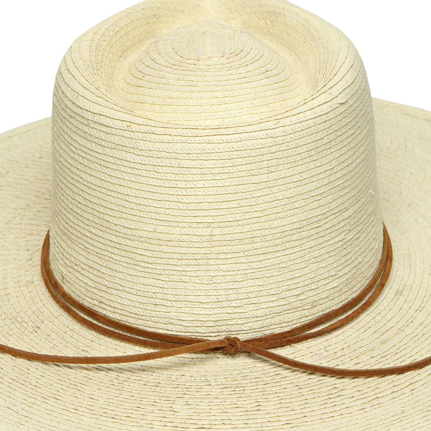 Close up of top and brim of sunhat including a suede knotted rope around top