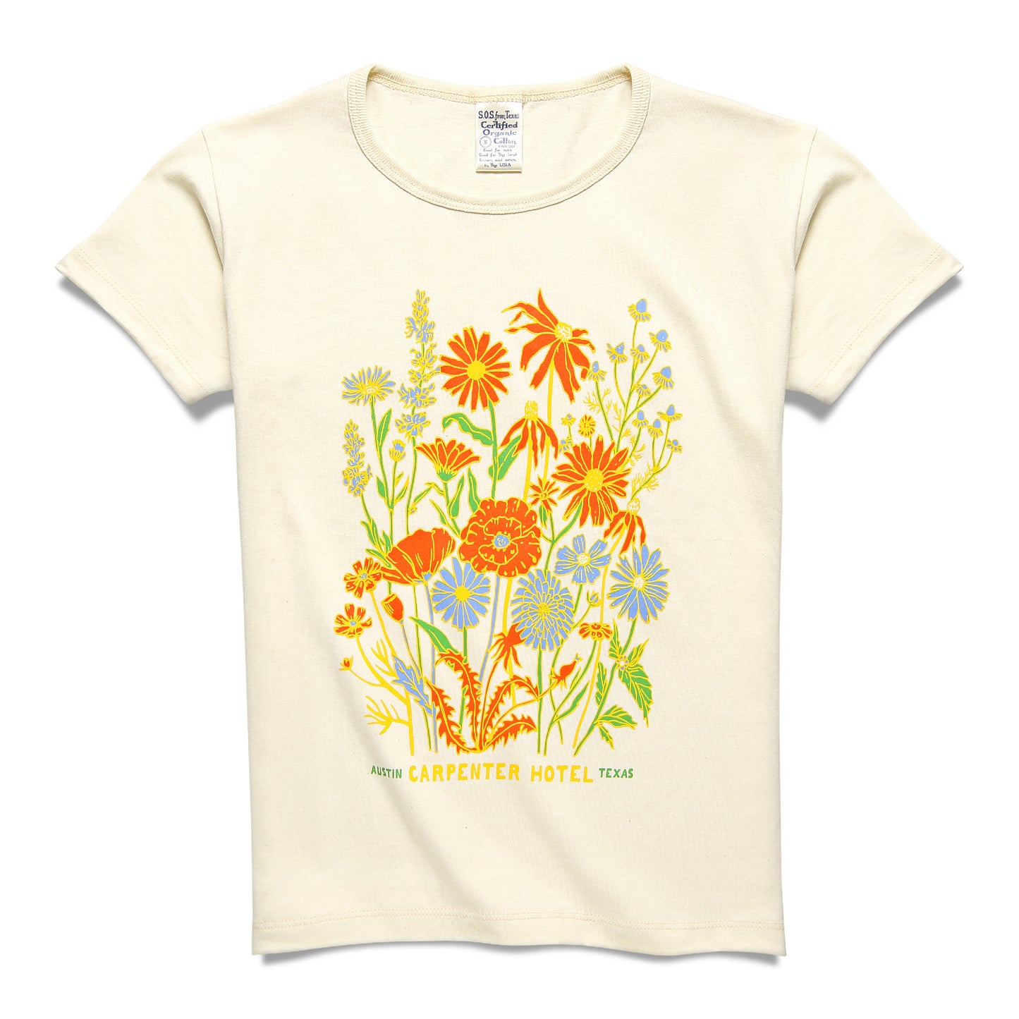 A beige cotton T-shirt with colorful floral print with text below it that reads 'CARPENTER HOTEL AUSTIN TEXAS'