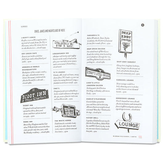 Photo of open book featuring hand drawings of local Austin signage with text describing each location.
