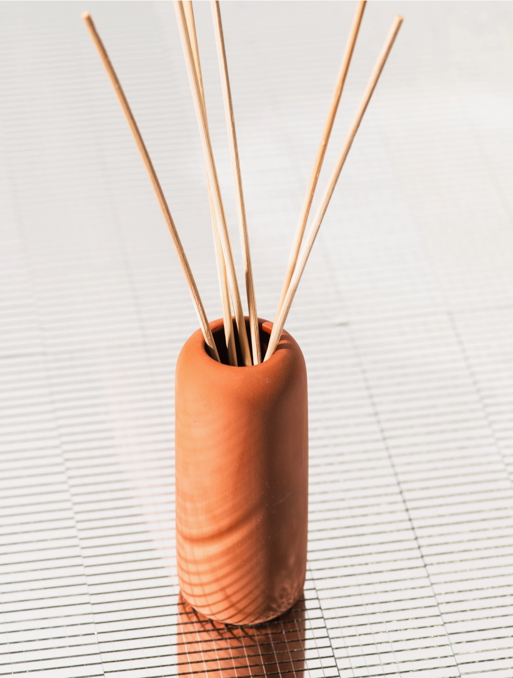 Terracotta vase holding reeds sitting atop gridded mirror
