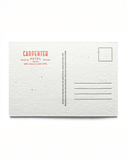 Postcard with 'Carpenter Hotel Austin Texas 400 Josephine Str. 78704' text on a textured white background