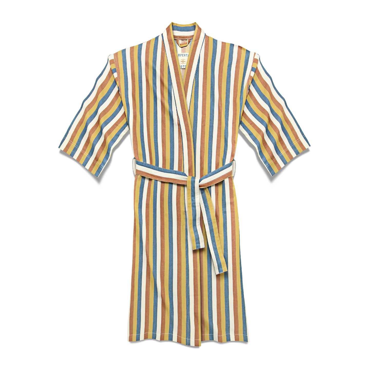 Product photo of Carpenter Hotel striped robe laid out on a white background