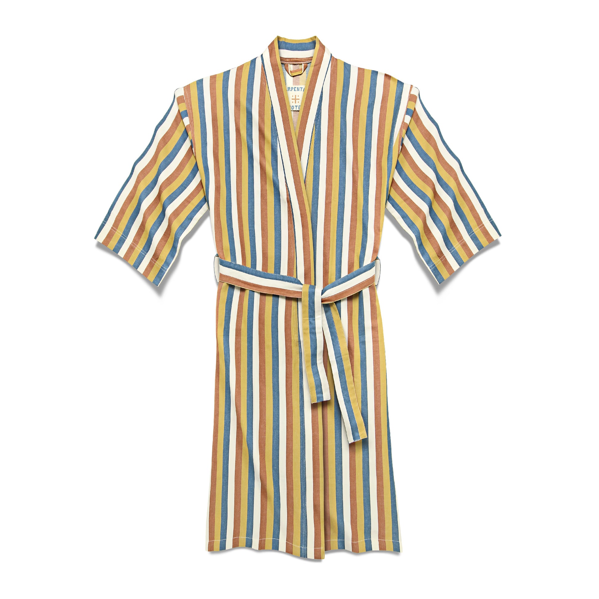 Product photo of Carpenter Hotel striped robe laid out on a white background